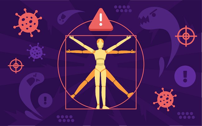 image of robotic Vitruvian man surrounded by danger symbols and viruses